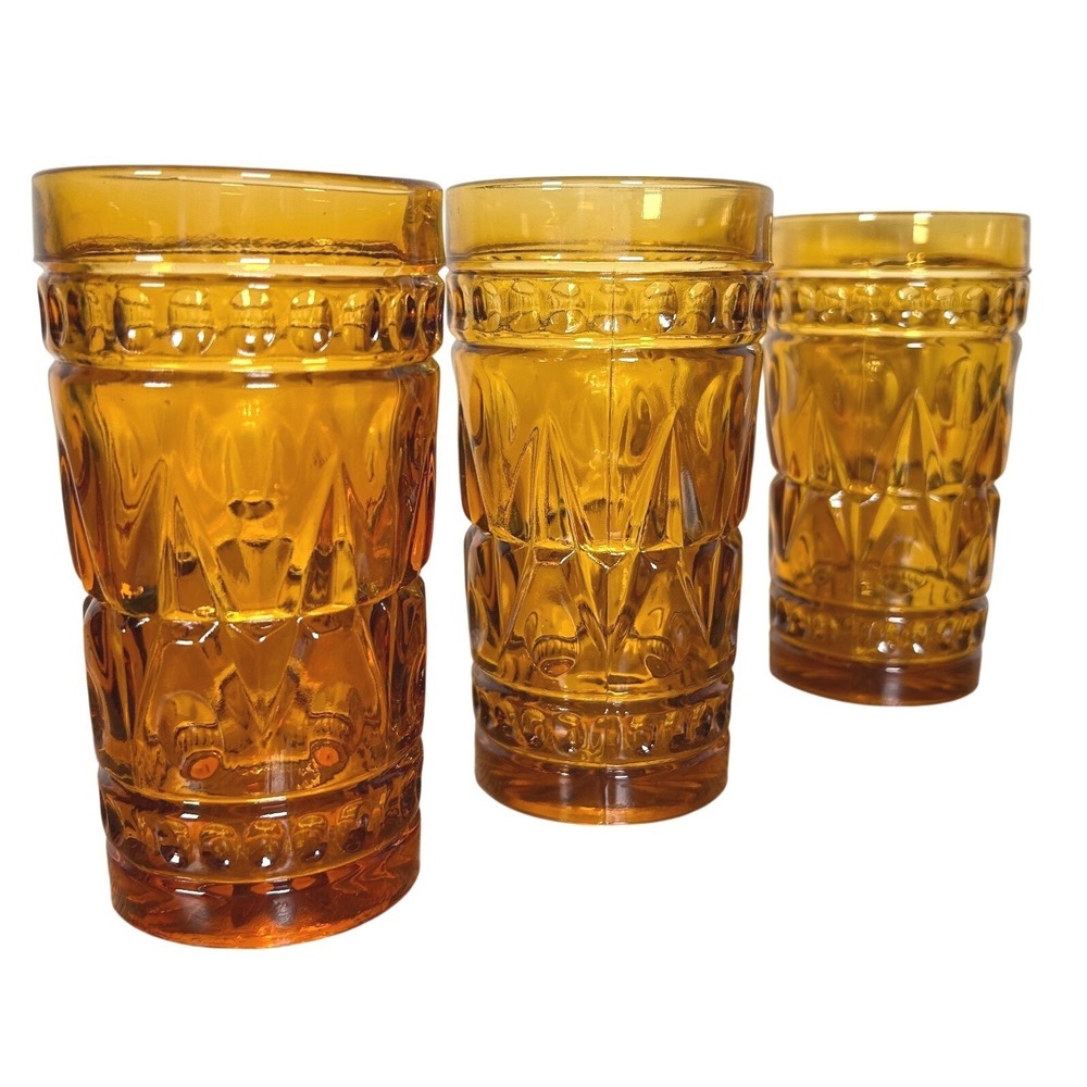 Vintage Indiana Glass Amber Tumblers Diamond Thumbprint Geometric Set/3